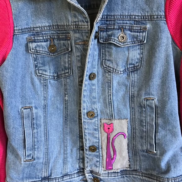 Upcycled Jean Jacket, Size Small: Patchwork Cat Graphics, Waffle Knit Sleeves - Picture 7 of 12